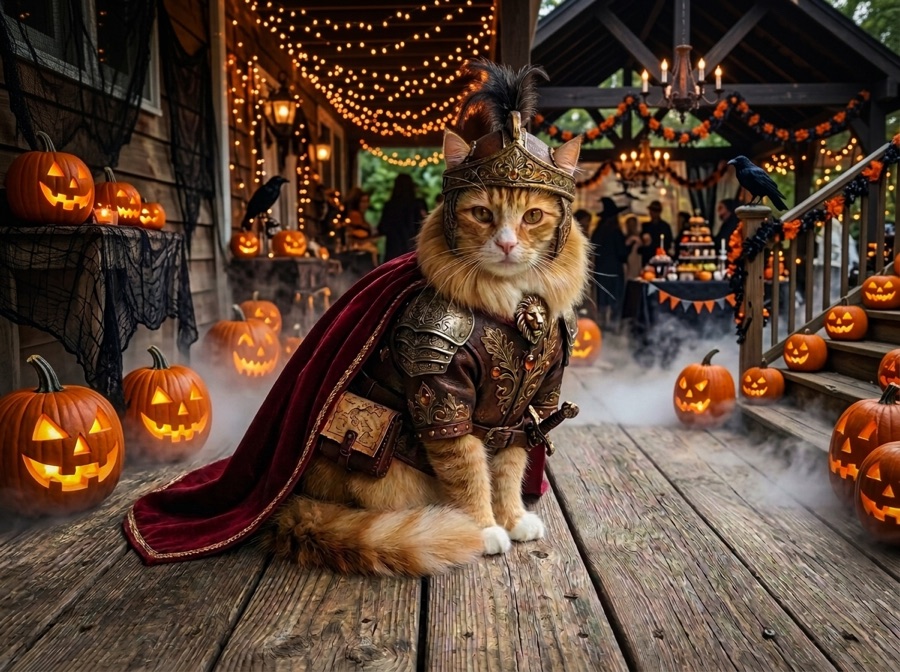 I'm So Sorry I Lied Generator example: cat in a knight costume at a Halloween party